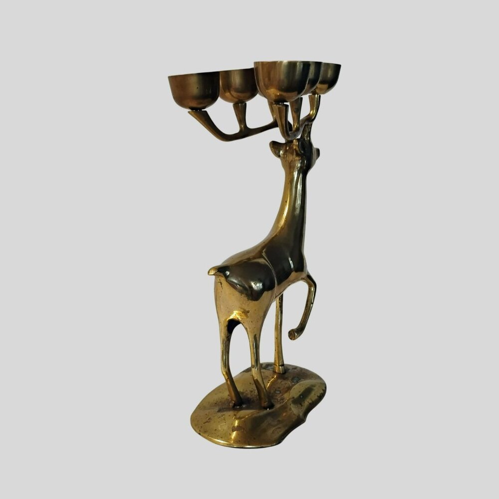 Vintage Brass Deer Candleholder, Reindeer Candelabra, 14" Mantel Stag Figurine - Picture 6 of 11